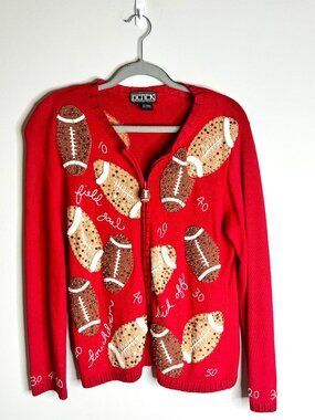 Vtg Berek Football Embroidered Beaded Cardigan Sweater Grannycore Novelty Sz S